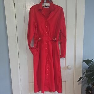 Vintage Minna Lee N.R.1 Long Sleeve Belted Red Shirt Dress With Pockets Size L